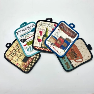 Set of 5 thick cotton square heat resistant pot holders with hanging loops for kitchen