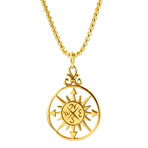 Gold stainless steel Viking compass pendant necklace featuring nautical compass design