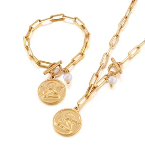 Stainless Steel Necklace And Bracelet For Women Angel Coin Pendant Paperclip Chain Artificial Pearl Toggle Clasp Vintage Style
