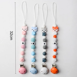 Handmade silicone pacifier clips with fox beads and crochet balls, set of 4 colors, 32cm