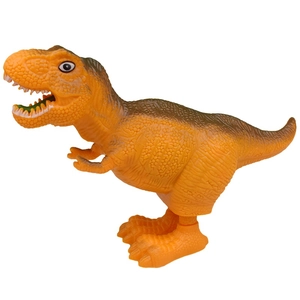 Detail view of orange wind-up dinosaur toy with realistic textured skin and green mouth