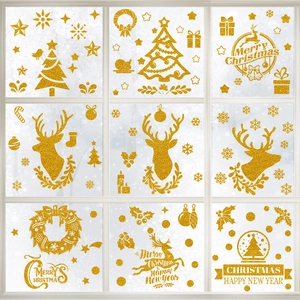 Glitter gold Christmas window stickers with reindeer, snowflake and tree motifs set