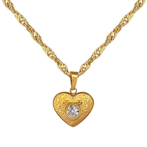 Minimalist gold heart necklace with central gemstone and elegant water wave chain