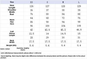 Detailed size chart for velvet cheongsam dress including bust, waist, and hip measurements