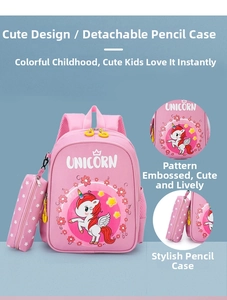 Pink unicorn school bag set with matching pencil case and durable mesh side pocket
