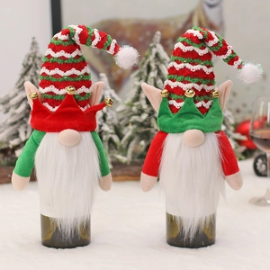 Christmas Gnome Wine Bottle Cover Fabric Elf Tomte Bottle Topper Decor With Knit Hat Beard Metal Bell Holiday Party Table Decoration