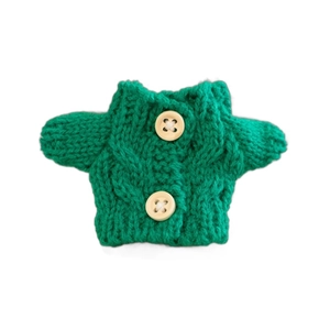 Mini green cable-knit doll sweater with wooden buttons for plush toy accessories