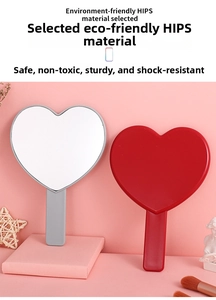Detail of red and grey heart-shaped hand mirrors made of durable eco-friendly HIPS material