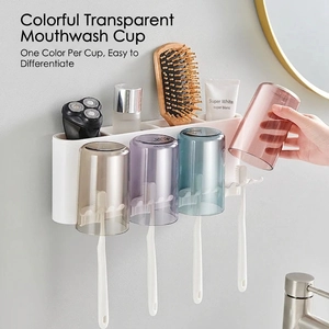 Wall-mounted bathroom toothbrush holder set with four colorful translucent cups