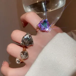 Chic 3-piece crystal ring set with triangle and oval rhinestones on a female hand
