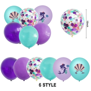 Detalle de globos de sirena de 12 pulgadas con confeti brillante y diseños de conchas