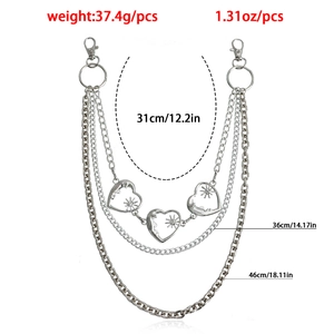 Three-layer silver metal heart pant chain with hollow sun pendants and length markers