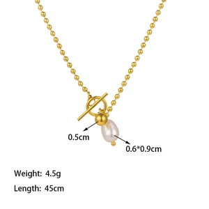 Detailed size specifications for 18k gold bead necklace with irregular pearl and T-bar clasp
