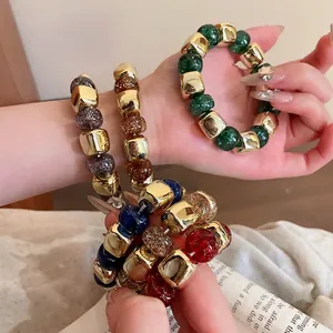 Beaded Bracelet For Women Geometric Gold Plated Metal Cube Acrylic Glitter Resin Elastic Wrist Chain Fashion Jewelry