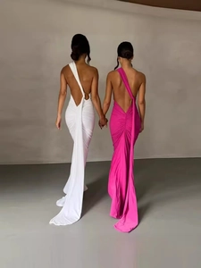 One Shoulder Evening Maxi Dress Milk Satin Polyester Sexy Backless Ruched Party Bodycon Long Streamer For Women