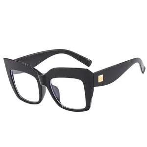 Fashionable oversized square cat-eye blue light blocking glasses with gold metal accents