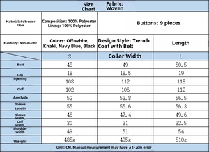 Tableau des tailles détaillé pour trench-coat décontracté à revers avec ceinture