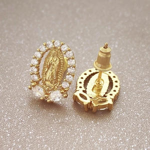 Golden Virgin Mary stud earrings with micro-set zircons and elegant sparkling finish
