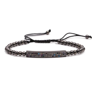 Gunmetal beaded bracelet with colorful zircon inlay and adjustable black cord