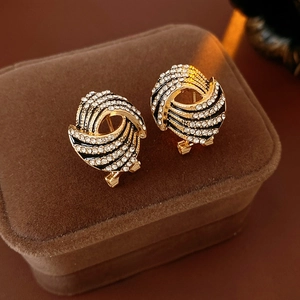 Vintage Spiral Vortex Alloy Stud Earrings With Rhinestone Black Enamel And Silver Earring Post Elegant Luxury For Women