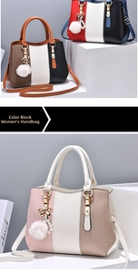 Three-color patchwork tote bag detail with pearl bow charm and detachable strap