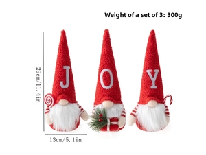 Detailed view of three red Christmas gnomes with JOY embroidery and size measurements