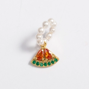 Detail of watermelon slice earring with faux pearls and orange and green zircons
