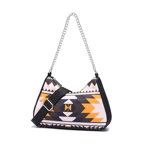 Detail of Aztec bohemian shoulder bag with geometric prints and dual strap textures