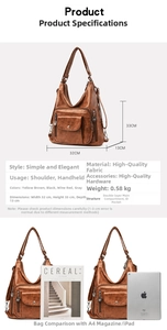 Detailed size specifications for brown leather shoulder bag with multi-pocket design
