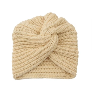 Chic beige cashmere-like knit turban hat with bohemian cross twist design for winter
