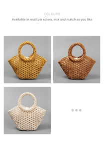 Detailed comparison of handmade wood bead tote bags in yellow, brown, and white options