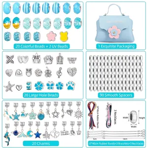 Blue and white DIY jewelry making kit with beads, charms and elegant handbag storage
