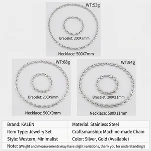 Size chart for stainless steel pig nose chain necklaces and bracelets in various dimensions