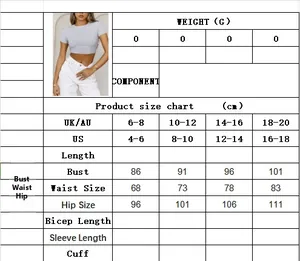 Detailed size chart for minimalist short sleeve top including US, UK, and AU measurements
