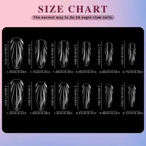 Detailed size chart for 3D shell almond press-on nails with 12 sizes in cm and inches