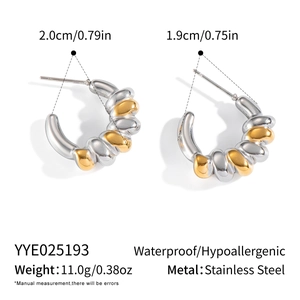 Detailed view of bicolor twist stud earrings with measurements and material specs
