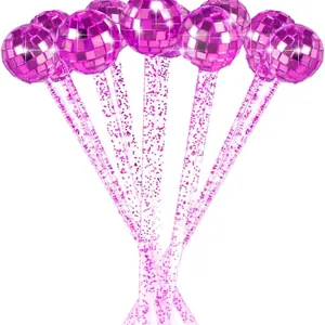 Pink disco mirror ball cocktail stir sticks with glitter handles for party decoration