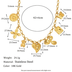 Collier en acier inoxydable plaqué or 18 carats avec pendentifs cœur, ours et trèfle