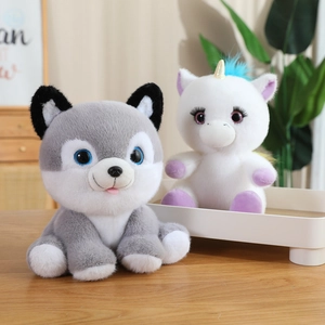 Plush toy set featuring a cute grey husky and white unicorn doll for kids comfort