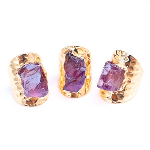 Natural Amethyst Citrine Crystal Ring Hammered Gold Plated Wide Band Irregular Raw Stone Bohemian For Women Men