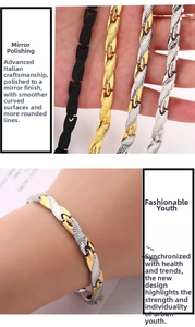 Detail view of dragon pattern steel bracelets in gold, silver, and black finishes
