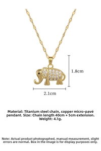 Detailed view of luxury elephant pendant necklace with white crystals and dimensions