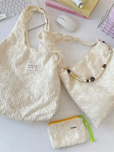 Women Shoulder Bag Lace Polyester Jacquard 3D Flower Beaded Strap Underarm Tote Handbag Fashion Korean Style