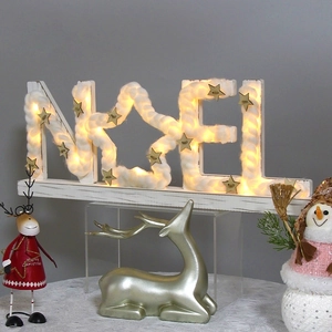 Lighted wooden NOEL letter sign with white fiber finish for Christmas tabletop decor
