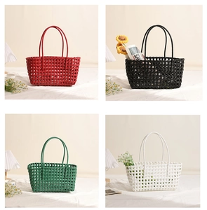 Hollow plastic woven tote bags in red, black, green and white colors for summer beach