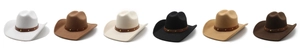 Flat lay of wide brim felt cowboy hats in six assorted colors with leather trim bands