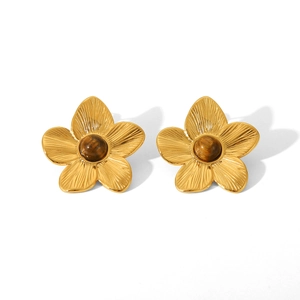 Detailed close-up of 18K gold-plated petal earrings with brown tiger eye stone inlay