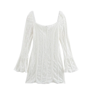 White lace mini dress with square neck and long bell sleeves on a clean white background