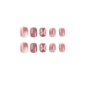 Pink cat-eye press-on nails with 3D bows and pearls elegant 10-piece set for women