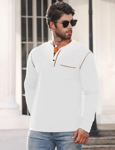 Detail of white Henley shirt featuring orange contrast placket and decorative chest pocket